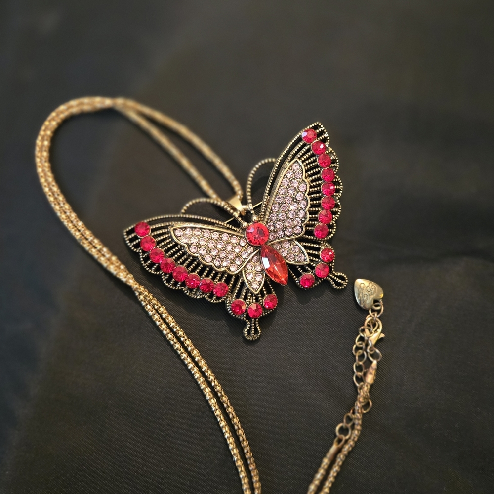 Betsey Johnson Pink and Red Butterfly Necklace - Picture 3 of 6